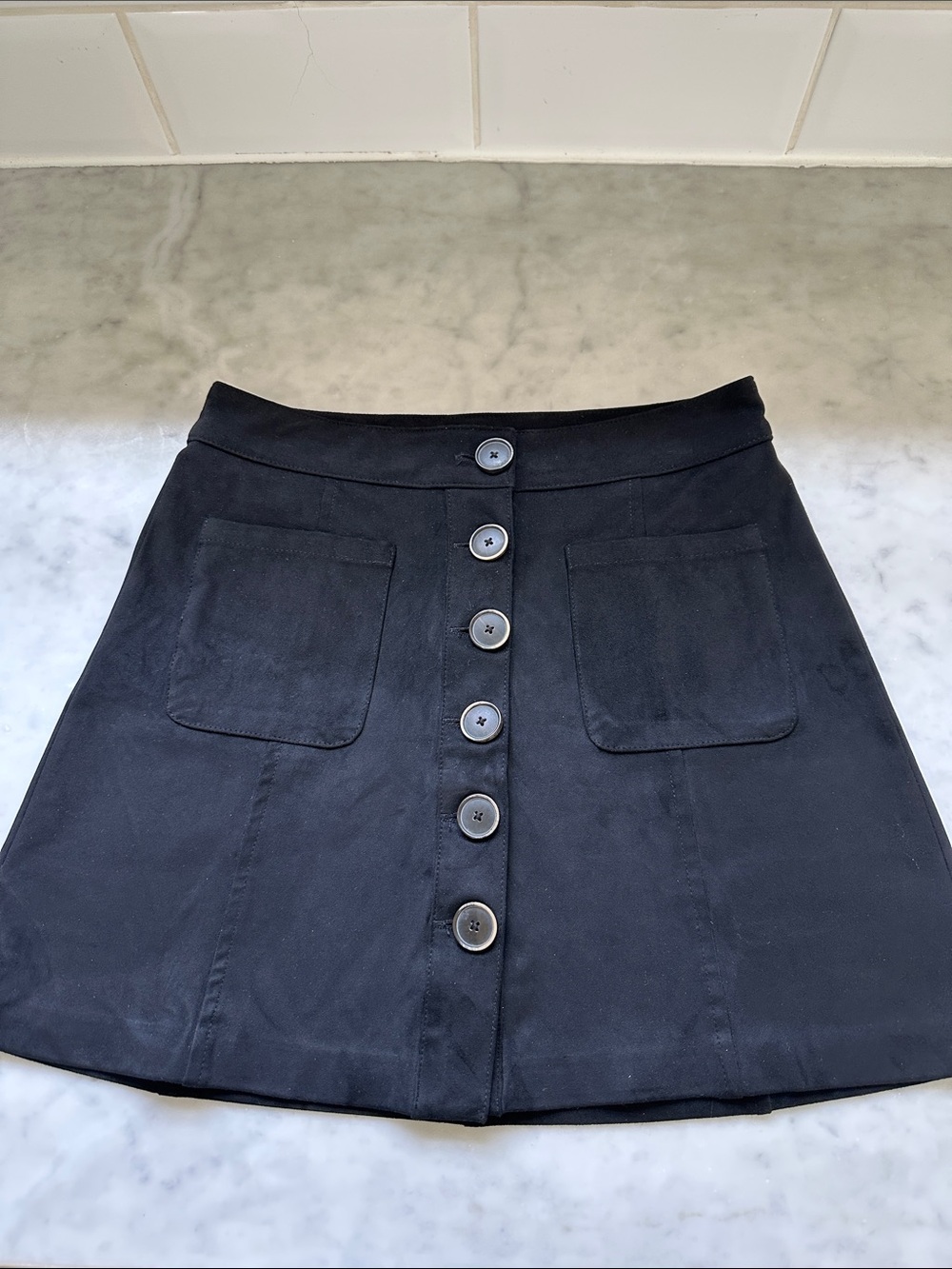 Zara Faux Suede Classic Black Button-Front A-Line Mini Skirt Size XS